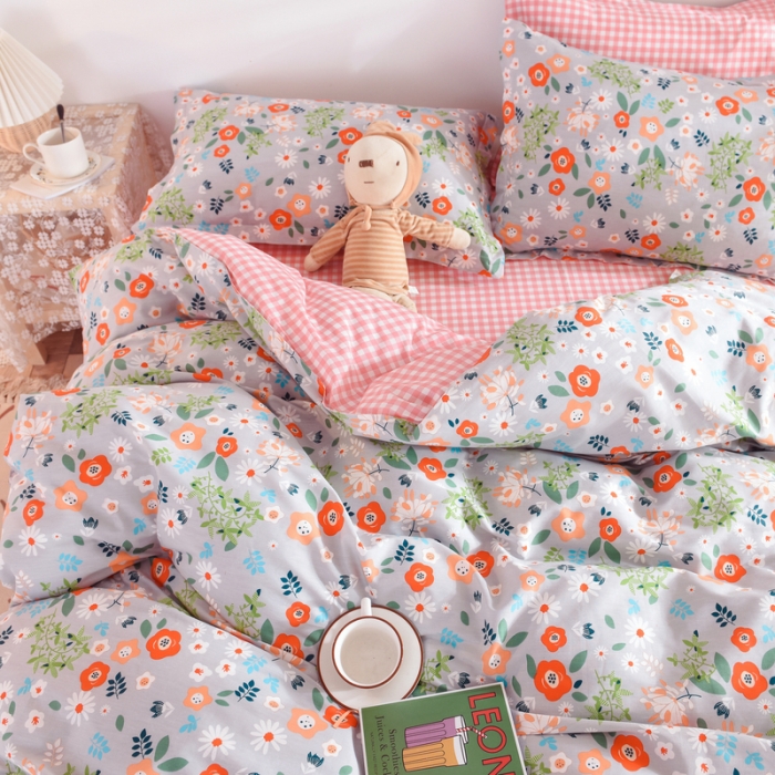 91家纺网 家纺一手货源 找家纺 多品家纺 2023新款12868全棉印花四件套系列第二批 复古甜心-灰