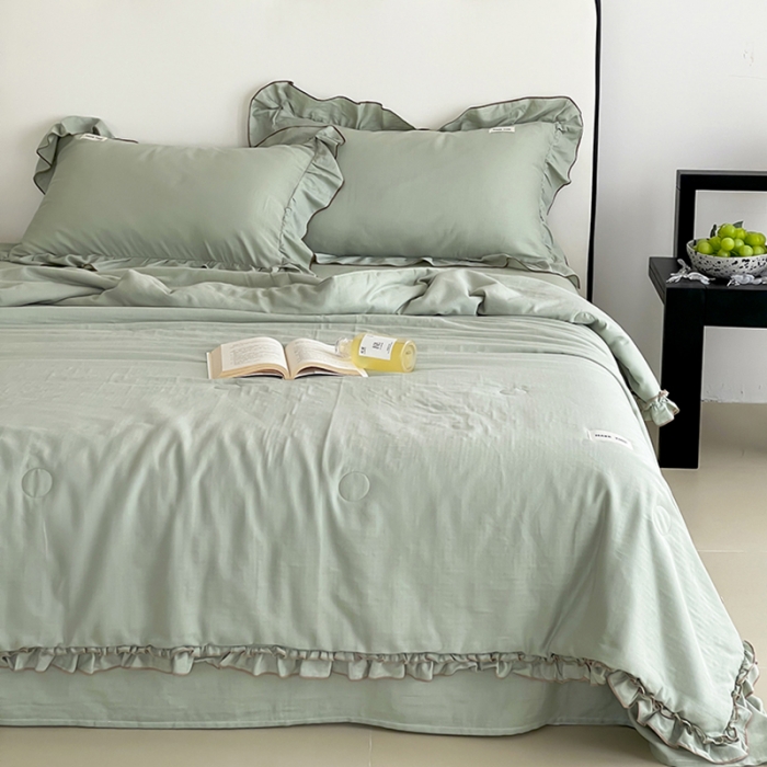 91家纺网 家纺一手货源 找家纺 荣轩 2023新款素色双层纱夏被-花边款 薄荷绿