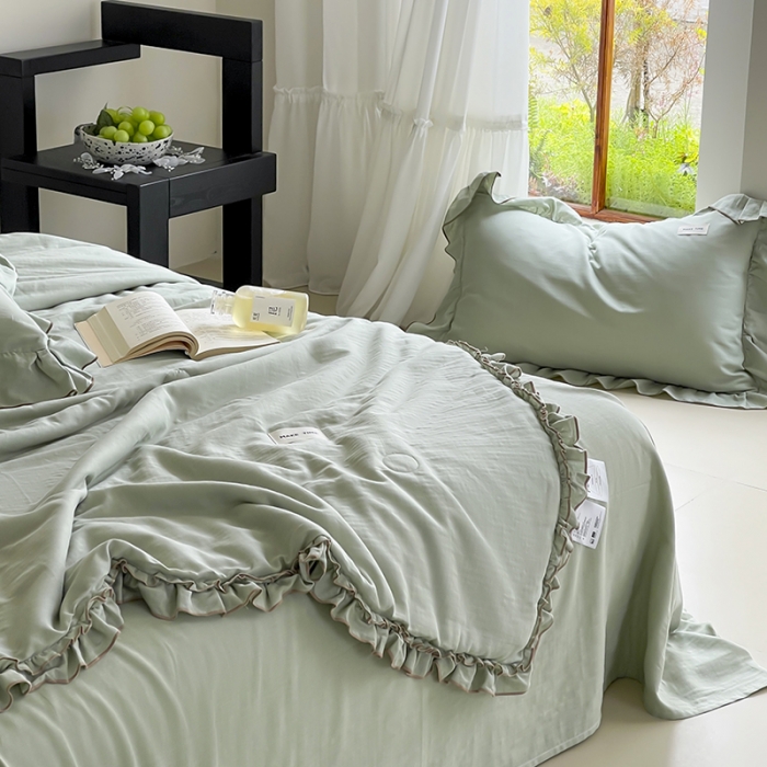 91家纺网 家纺一手货源 找家纺 荣轩 2023新款素色双层纱夏被-花边款 薄荷绿