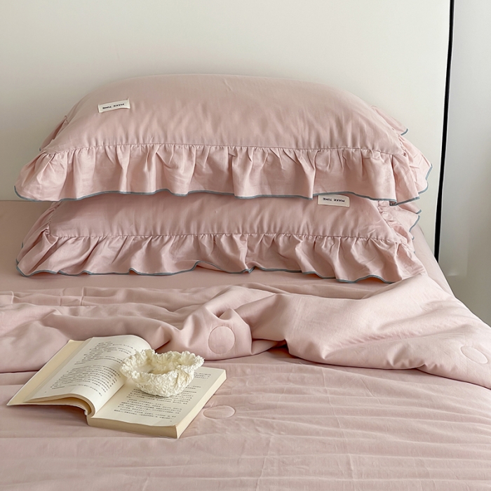 91家纺网 家纺一手货源 找家纺 荣轩 2023新款素色双层纱夏被-花边款 泡沫粉