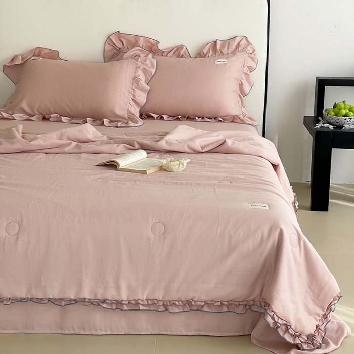91家纺网 家纺一手货源 找家纺 荣轩 2023新款素色双层纱夏被-花边款 泡沫粉
