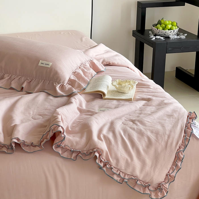 91家纺网 家纺一手货源 找家纺 荣轩 2023新款素色双层纱夏被-花边款 泡沫粉