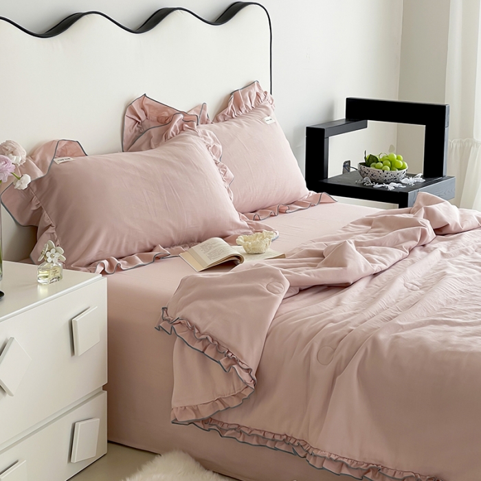 91家纺网 家纺一手货源 找家纺 荣轩 2023新款素色双层纱夏被-花边款 泡沫粉