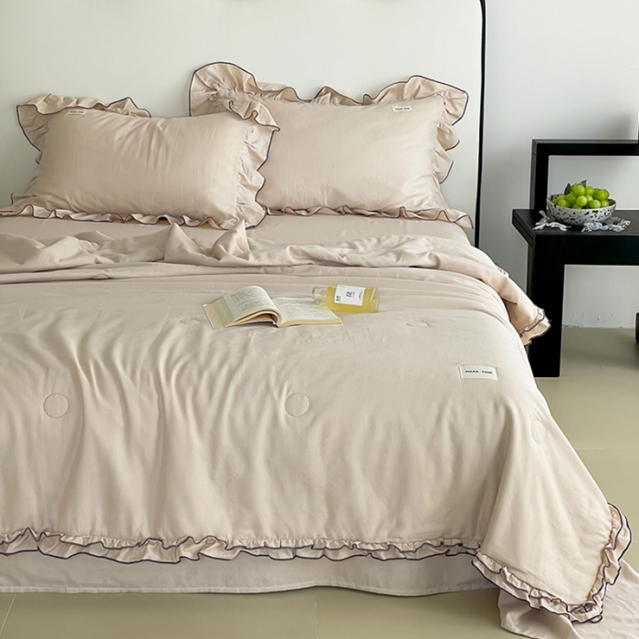 91家纺网 家纺一手货源 找家纺 荣轩 2023新款素色双层纱夏被-花边款 浅杏色