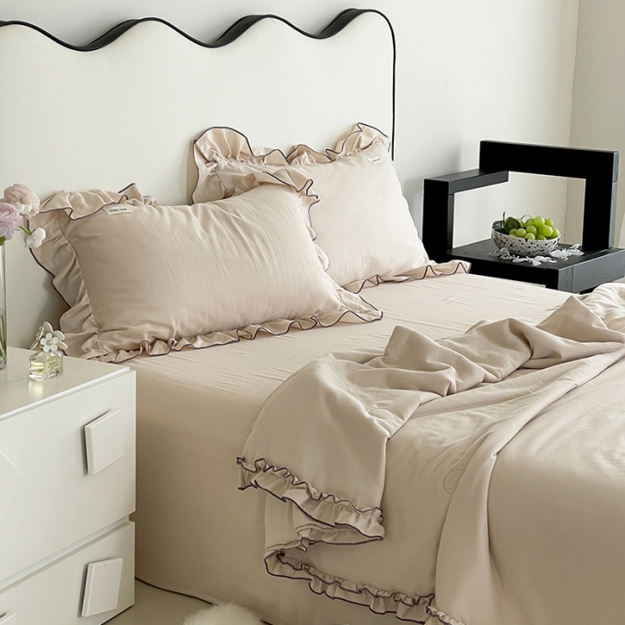 91家纺网 家纺一手货源 找家纺 荣轩 2023新款素色双层纱夏被-花边款 浅杏色