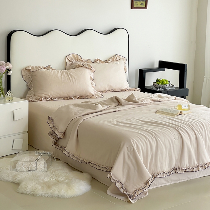 91家纺网 家纺一手货源 找家纺 荣轩 2023新款素色双层纱夏被-花边款 浅杏色