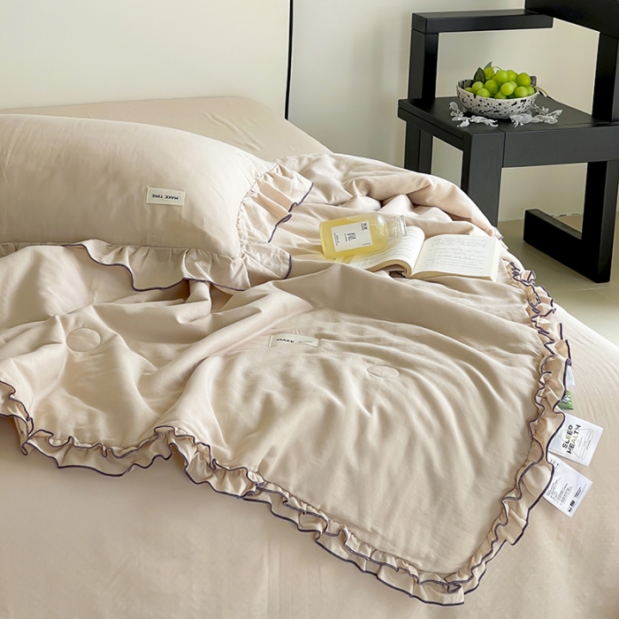 91家纺网 家纺一手货源 找家纺 荣轩 2023新款素色双层纱夏被-花边款 浅杏色