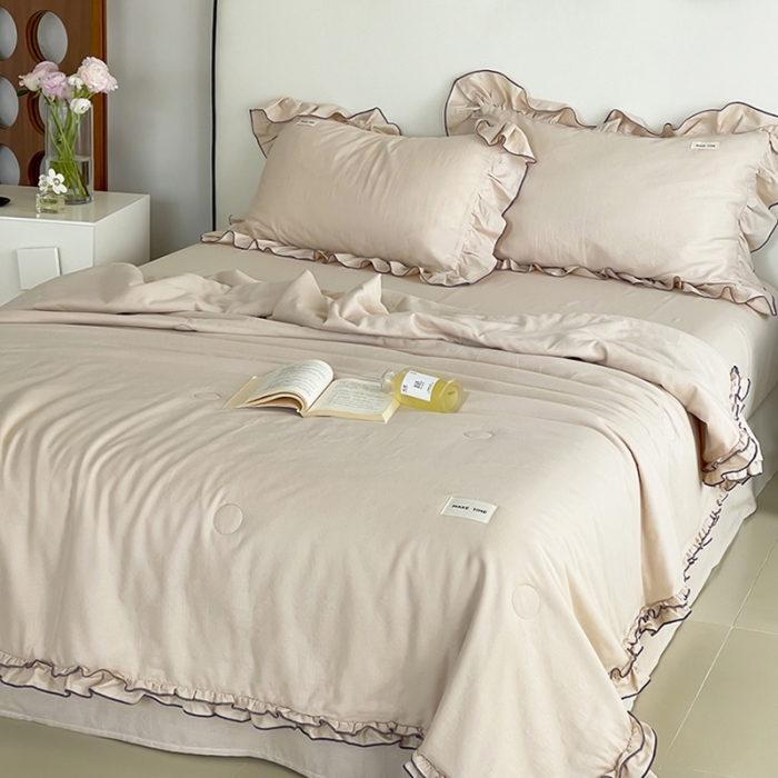 91家纺网 家纺一手货源 找家纺 荣轩 2023新款素色双层纱夏被-花边款 浅杏色