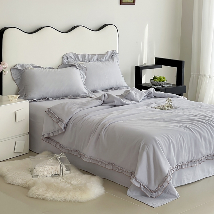 91家纺网 家纺一手货源 找家纺 荣轩 2023新款素色双层纱夏被-花边款 青城灰