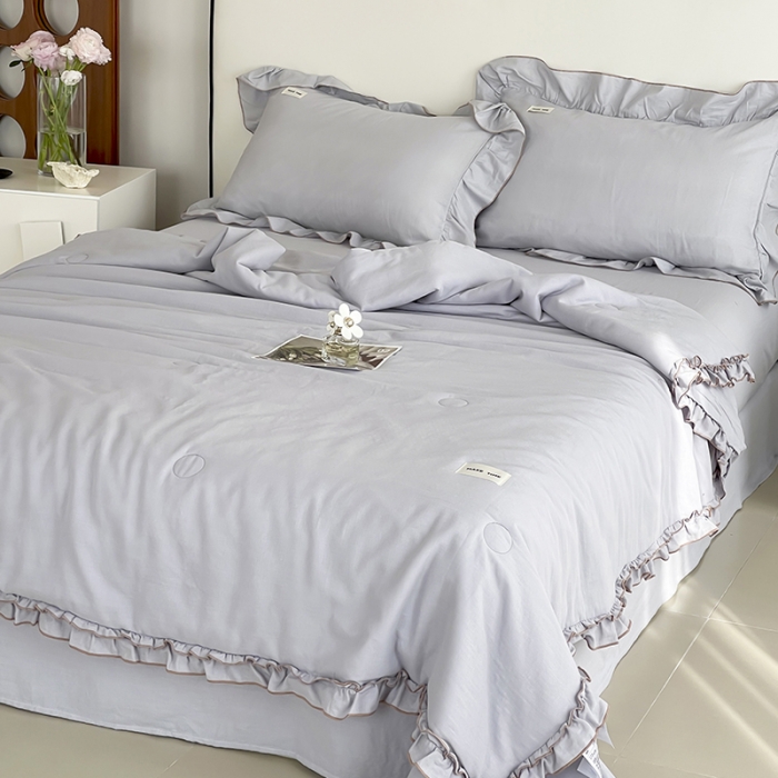 91家纺网 家纺一手货源 找家纺 荣轩 2023新款素色双层纱夏被-花边款 青城灰