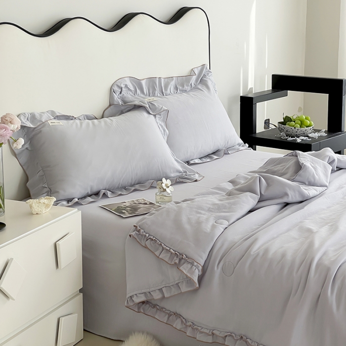 91家纺网 家纺一手货源 找家纺 荣轩 2023新款素色双层纱夏被-花边款 青城灰