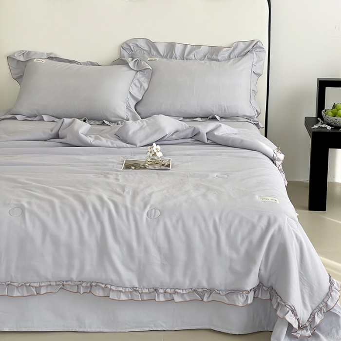 91家纺网 家纺一手货源 找家纺 荣轩 2023新款素色双层纱夏被-花边款 青城灰