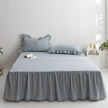 忘忧草 2023新款全棉色织水洗棉床裙纯棉格子 雅尚-蓝小格