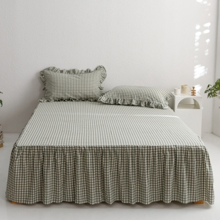 忘忧草 2023新款全棉色织水洗棉床裙纯棉格子 雅尚-绿小格