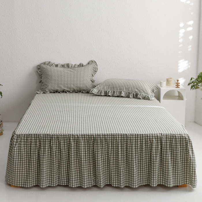 91家纺网 家纺一手货源 找家纺 忘忧草 2023新款全棉色织水洗棉床裙纯棉格子 雅尚-绿小格