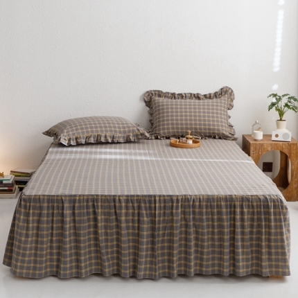 忘忧草 2023新款全棉色织水洗棉床裙纯棉格子 里昂-灰