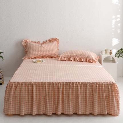 忘忧草 2023新款全棉色织水洗棉床裙纯棉格子 简爱-粉