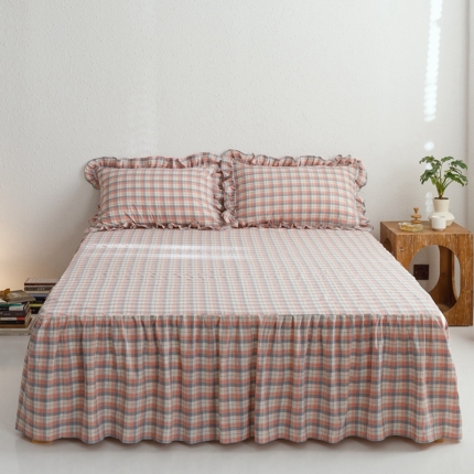 忘忧草 2023新款全棉色织水洗棉床裙纯棉格子 春风曲-粉