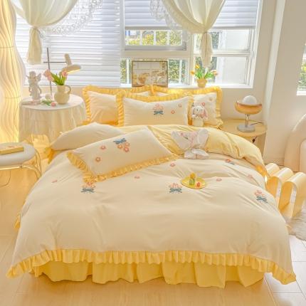 韩都 2023直播韩版绣花床单床裙四件套-思语 思语-嫩黄
