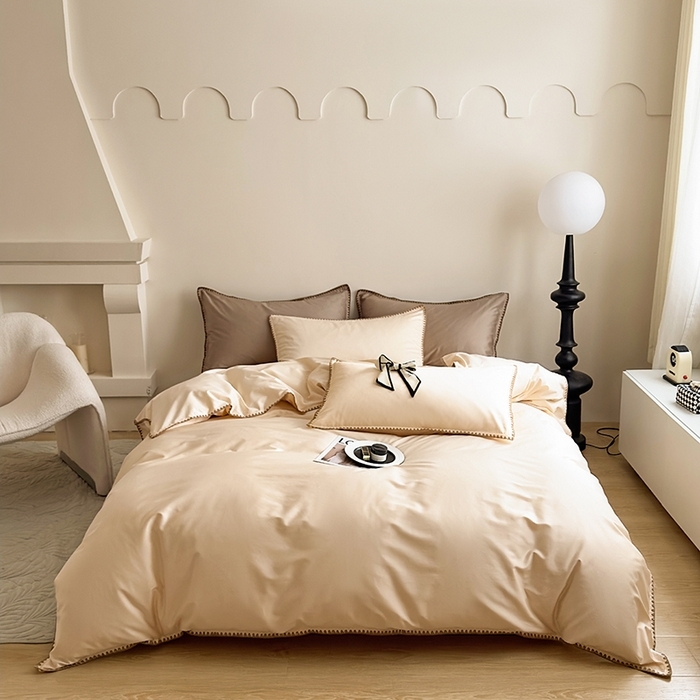 91家纺网 家纺一手货源 找家纺 怡家居2023新款100支长绒棉贝壳针四件套 奶茶色