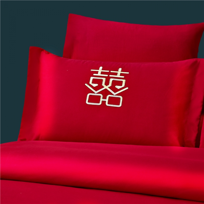 91家纺网 家纺一手货源 找家纺 2025新款亲肤棉绣花刺绣婚庆四件套 吉祥双喜