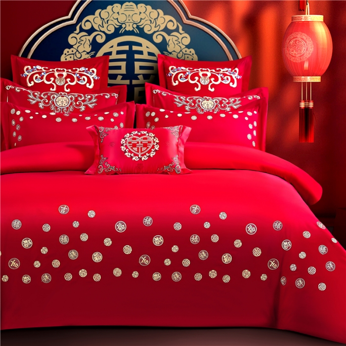 91家纺网 家纺一手货源 找家纺 2025新款亲肤棉绣花刺绣婚庆四件套 吉祥双喜