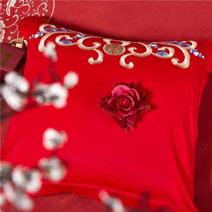 91家纺网 家纺一手货源 找家纺 2025新款亲肤棉绣花刺绣婚庆四件套 吉祥双喜