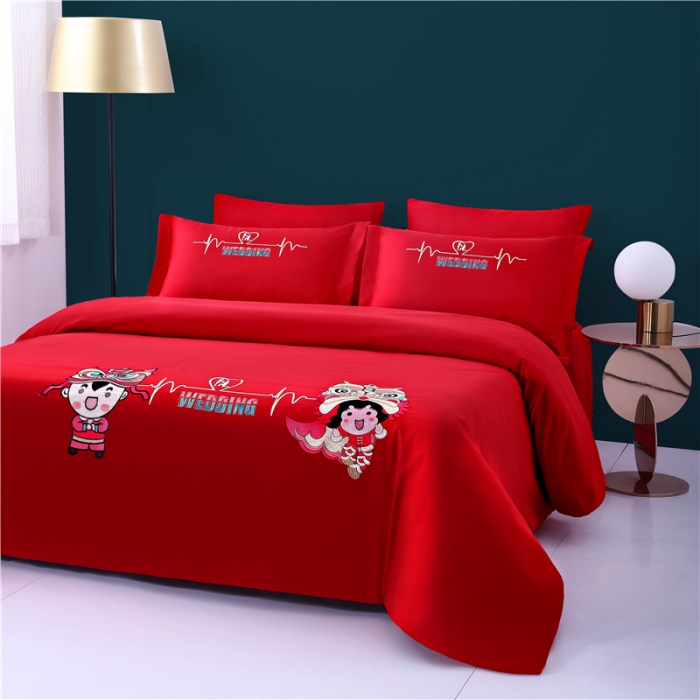 91家纺网 家纺一手货源 找家纺 2025新款亲肤棉绣花刺绣婚庆四件套 萌狮报喜