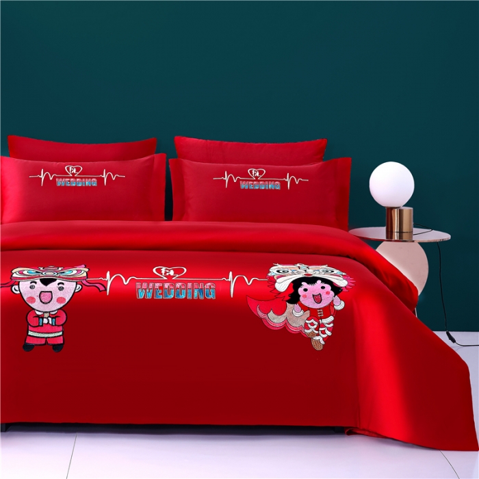 91家纺网 家纺一手货源 找家纺 2025新款亲肤棉绣花刺绣婚庆四件套 萌狮报喜