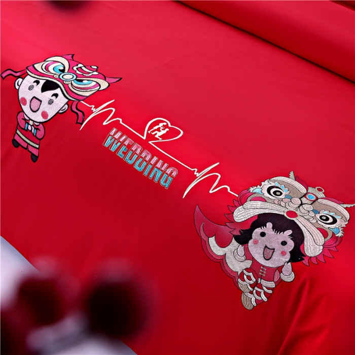 91家纺网 家纺一手货源 找家纺 2025新款亲肤棉绣花刺绣婚庆四件套 萌狮报喜