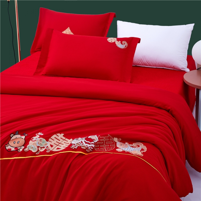 91家纺网 家纺一手货源 找家纺 2025新款亲肤棉绣花刺绣婚庆四件套 纳福