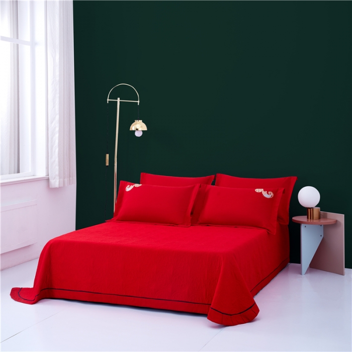 91家纺网 家纺一手货源 找家纺 2025新款亲肤棉绣花刺绣婚庆四件套 纳福