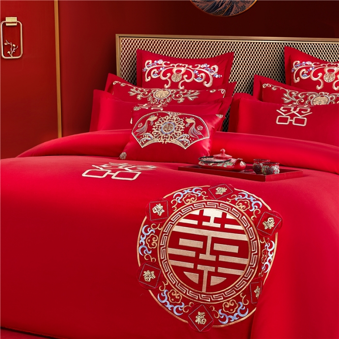 91家纺网 家纺一手货源 找家纺 2025新款亲肤棉绣花刺绣婚庆四件套 喜团圆