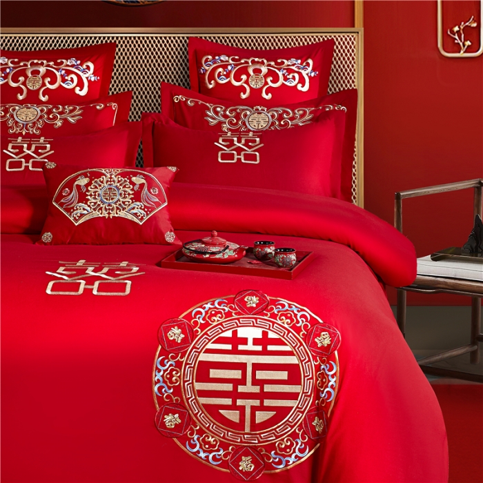 91家纺网 家纺一手货源 找家纺 2025新款亲肤棉绣花刺绣婚庆四件套 喜团圆