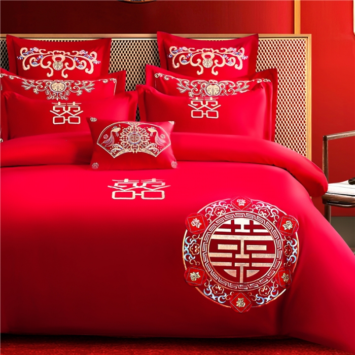 91家纺网 家纺一手货源 找家纺 2025新款亲肤棉绣花刺绣婚庆四件套 喜团圆