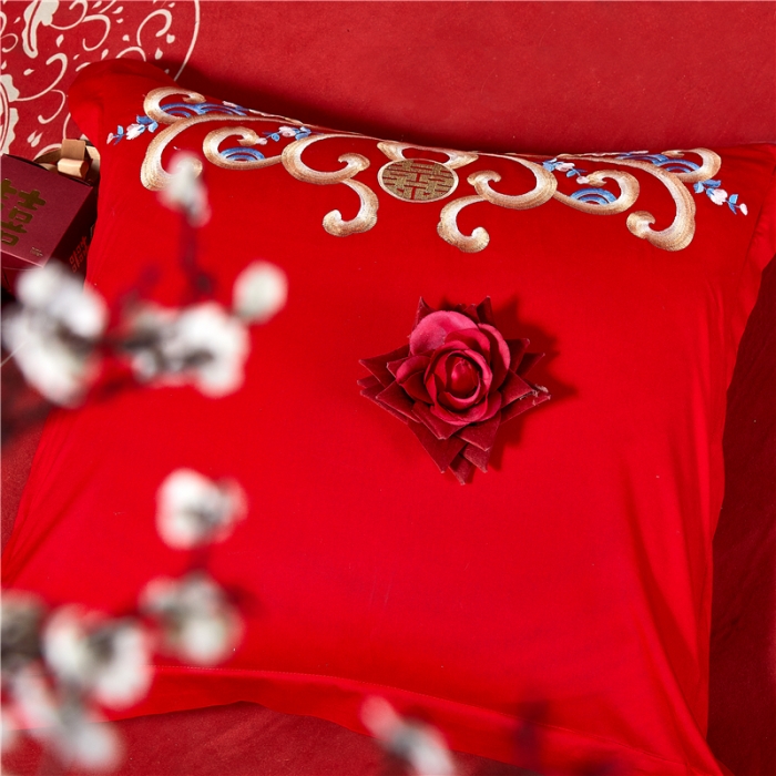 91家纺网 家纺一手货源 找家纺 2025新款亲肤棉绣花刺绣婚庆四件套 喜团圆