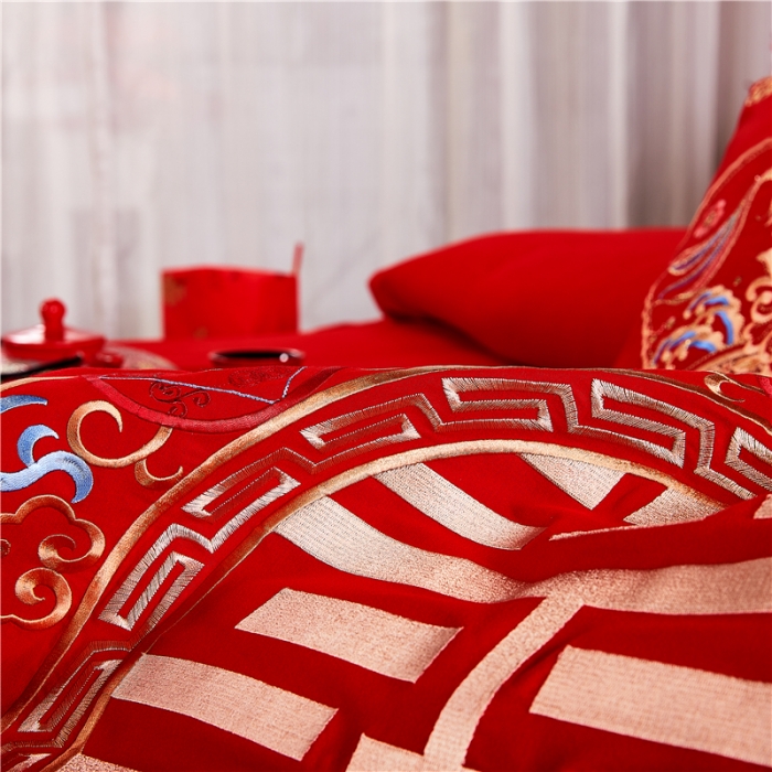 91家纺网 家纺一手货源 找家纺 2025新款亲肤棉绣花刺绣婚庆四件套 喜团圆