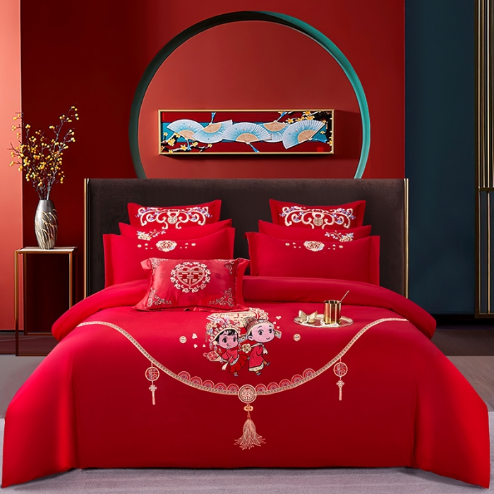 91家纺网 家纺一手货源 找家纺 2025新款亲肤棉绣花刺绣婚庆四件套 相爱