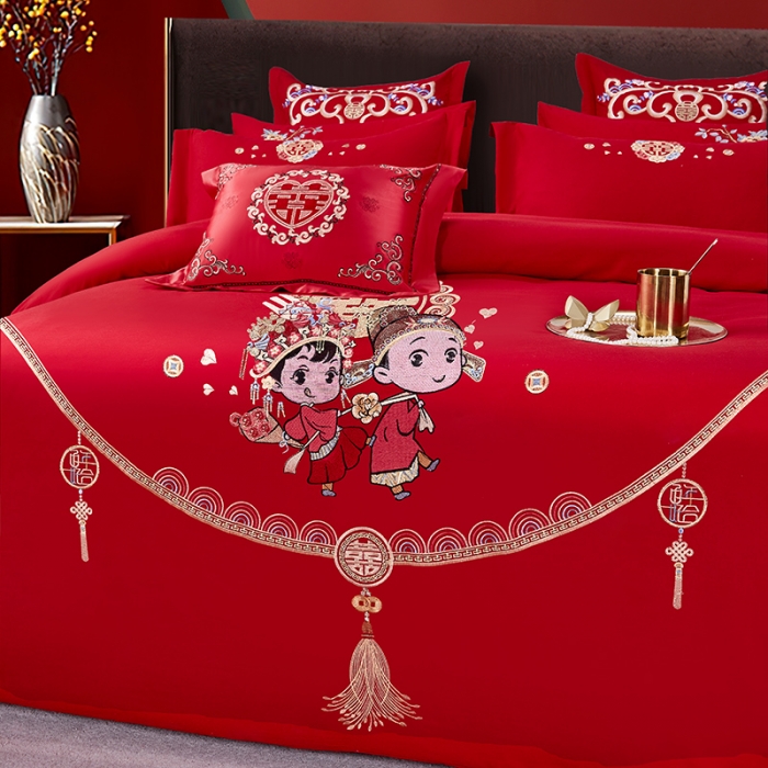 91家纺网 家纺一手货源 找家纺 2025新款亲肤棉绣花刺绣婚庆四件套 相爱