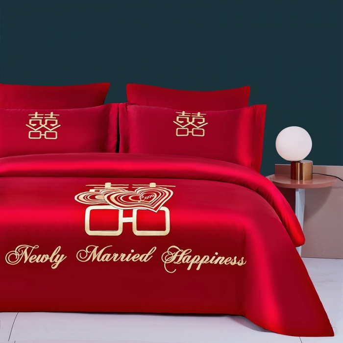 91家纺网 家纺一手货源 找家纺 2025新款亲肤棉绣花刺绣婚庆四件套 心心相印