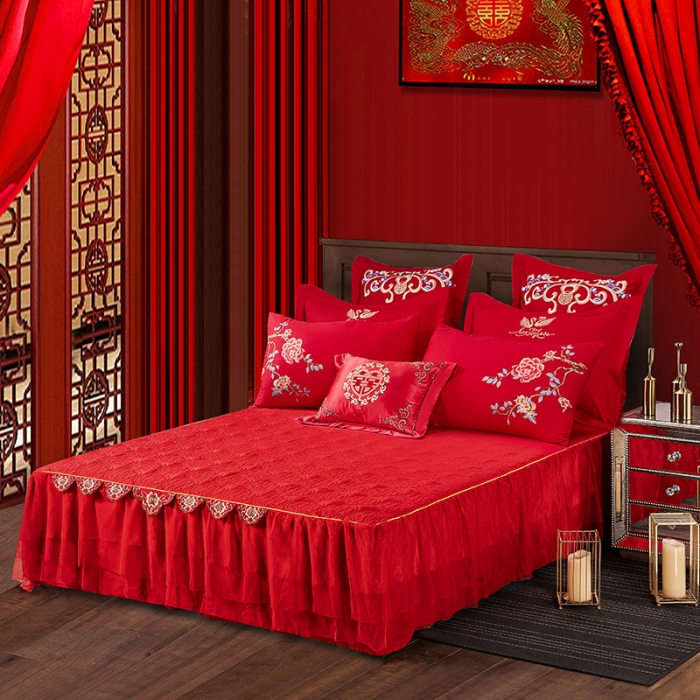 91家纺网 家纺一手货源 找家纺 2025新款亲肤棉绣花刺绣婚庆四件套 禧之恋