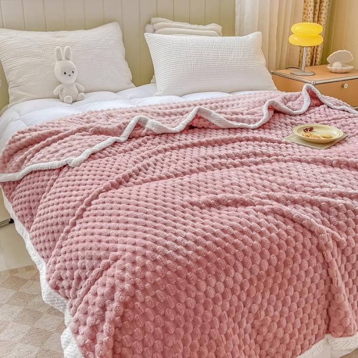 91家纺网 家纺一手货源 找家纺 270克金龟绒毛毯 菠萝格包边多功能盖毯 纯色空调毯法莱绒毯子豆沙粉