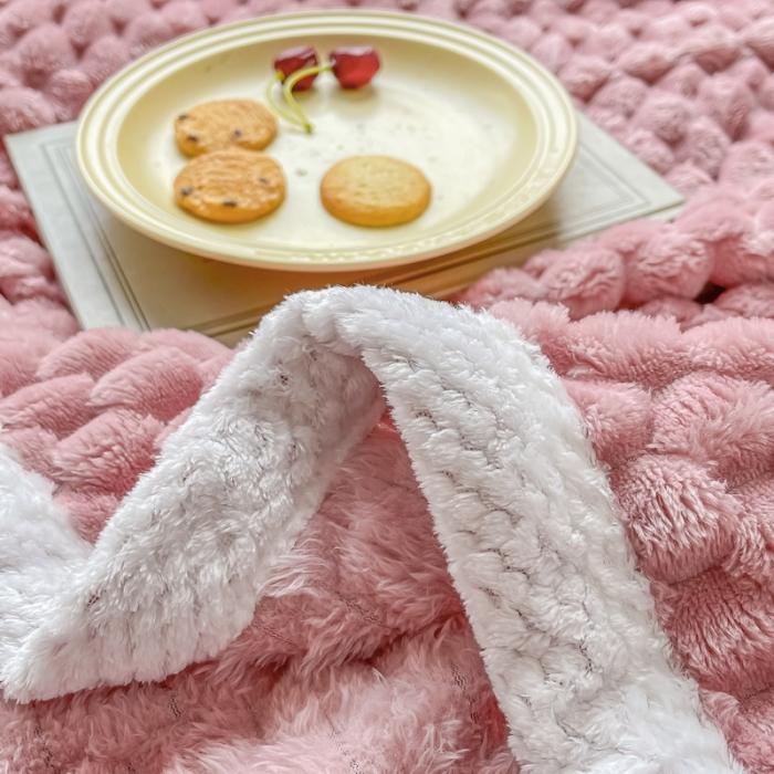 91家纺网 家纺一手货源 找家纺 270克金龟绒毛毯 菠萝格包边多功能盖毯 纯色空调毯法莱绒毯子豆沙粉