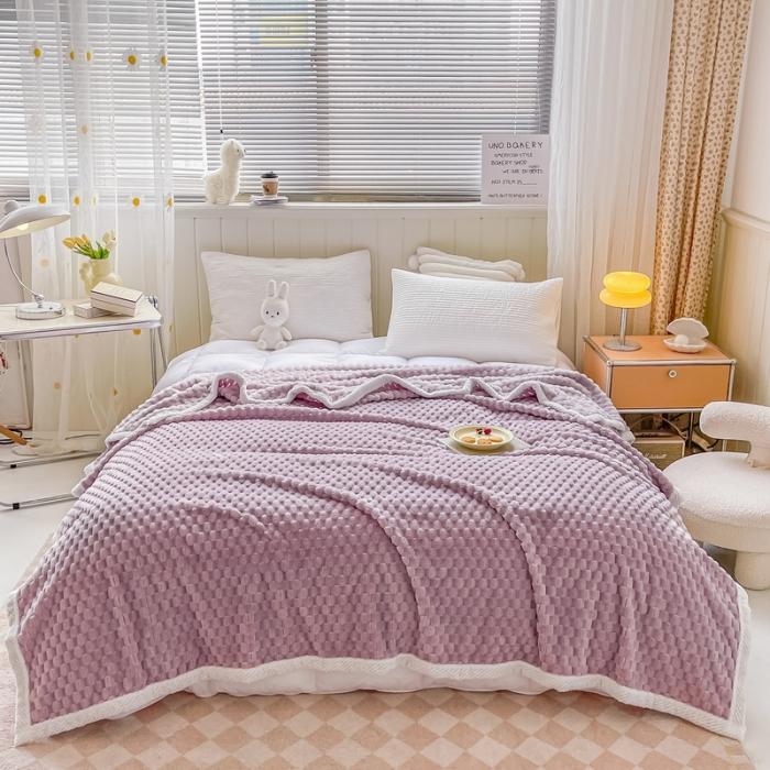 91家纺网 家纺一手货源 找家纺 270克加厚金龟绒毛毯 菠萝格包边盖毯 纯色空调毯法莱绒毯子 优雅紫