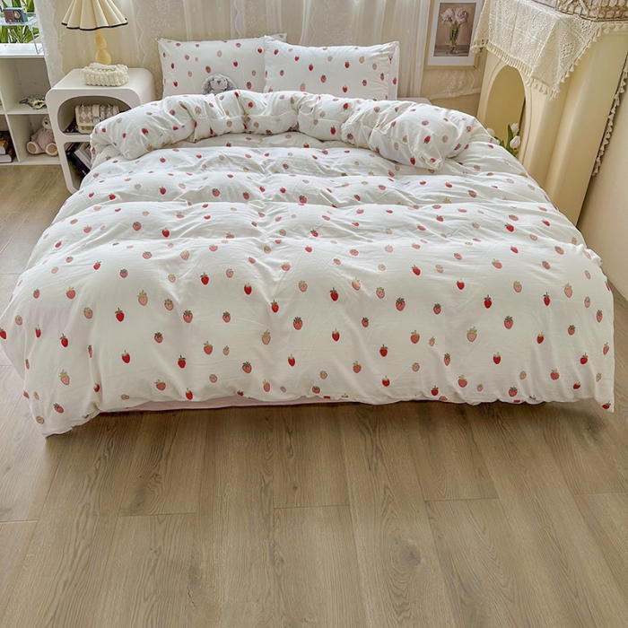 91家纺网 家纺一手货源 找家纺 海岛哥哥 2023新款水洗双层纱四件套（含同款抽绳袋） 草莓仙子