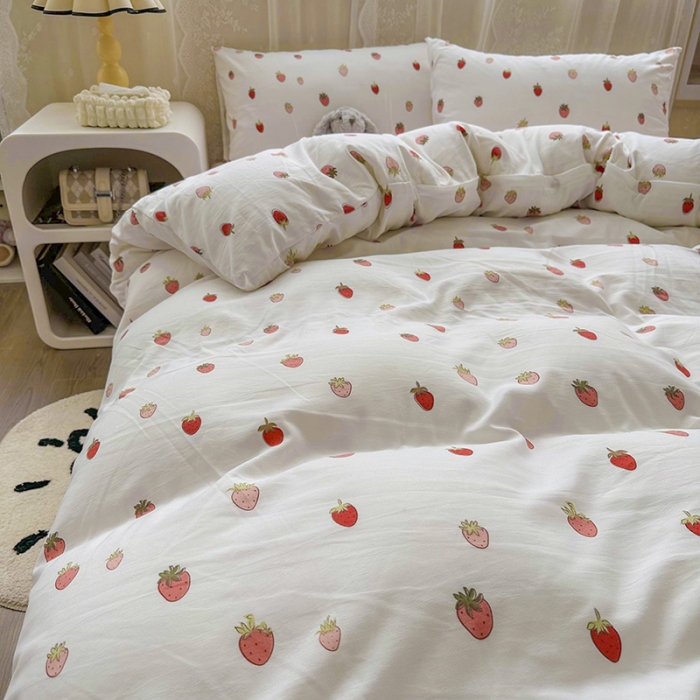 91家纺网 家纺一手货源 找家纺 海岛哥哥 2023新款水洗双层纱四件套（含同款抽绳袋） 草莓仙子