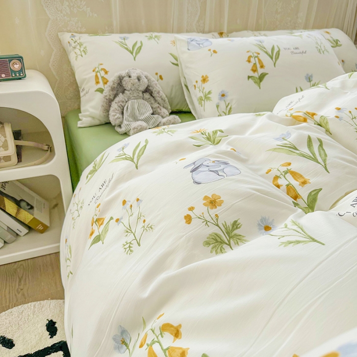 91家纺网 家纺一手货源 找家纺 海岛哥哥 2023新款水洗双层纱四件套（含同款抽绳袋） 春晓