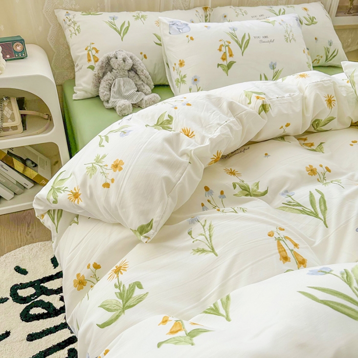 91家纺网 家纺一手货源 找家纺 海岛哥哥 2023新款水洗双层纱四件套（含同款抽绳袋） 春晓