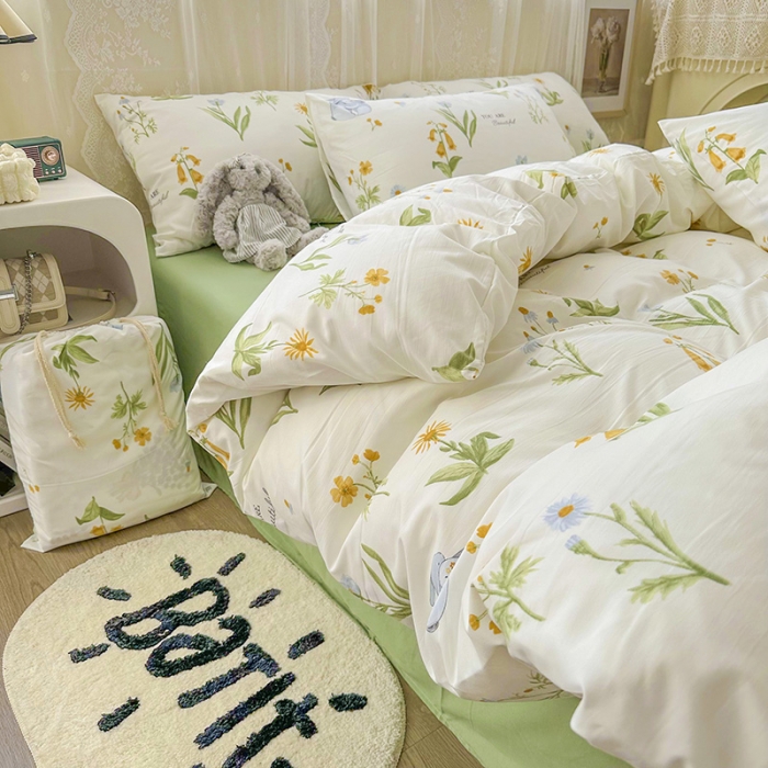 91家纺网 家纺一手货源 找家纺 海岛哥哥 2023新款水洗双层纱四件套（含同款抽绳袋） 春晓