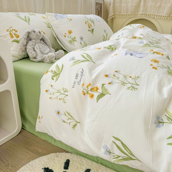 91家纺网 家纺一手货源 找家纺 海岛哥哥 2023新款水洗双层纱四件套（含同款抽绳袋） 春晓